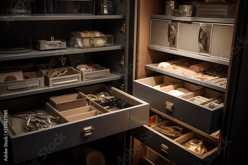 Safe interior with shelves and compartments, providing organized storage for jewelry and important papers. Generative AI