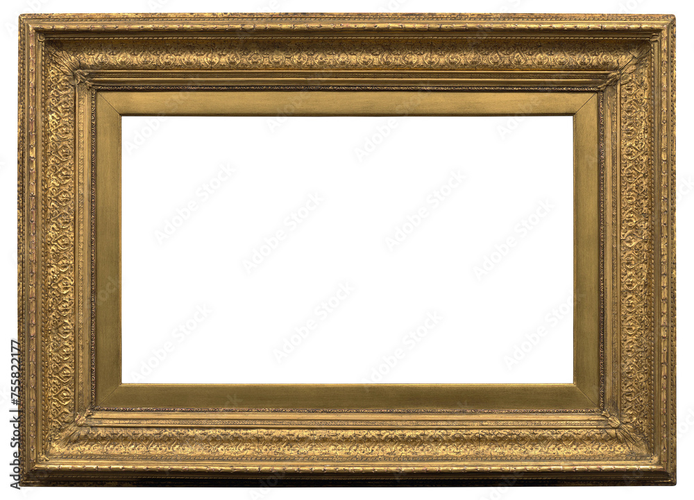 Wide gilded patterned frame of a painting in the boroque style on a transparent background, in PNG format. Wide gilded patterned frame of a painting in the boroque style on a transparent background, in PNG format.