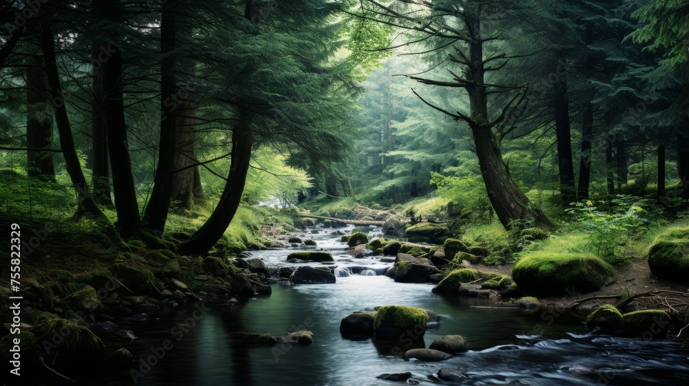 Fototapeta premium A tranquil forest clearing with a babbling brook for a serene ambiance