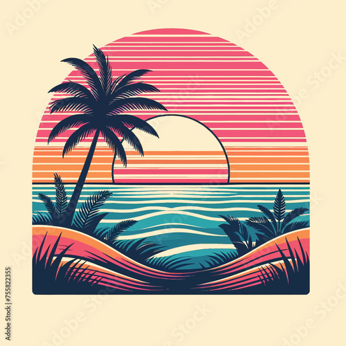 Set of retro sunsets in 80s and 90s style. Abstract sun at beach background with sunny vector and t-shirt design photo