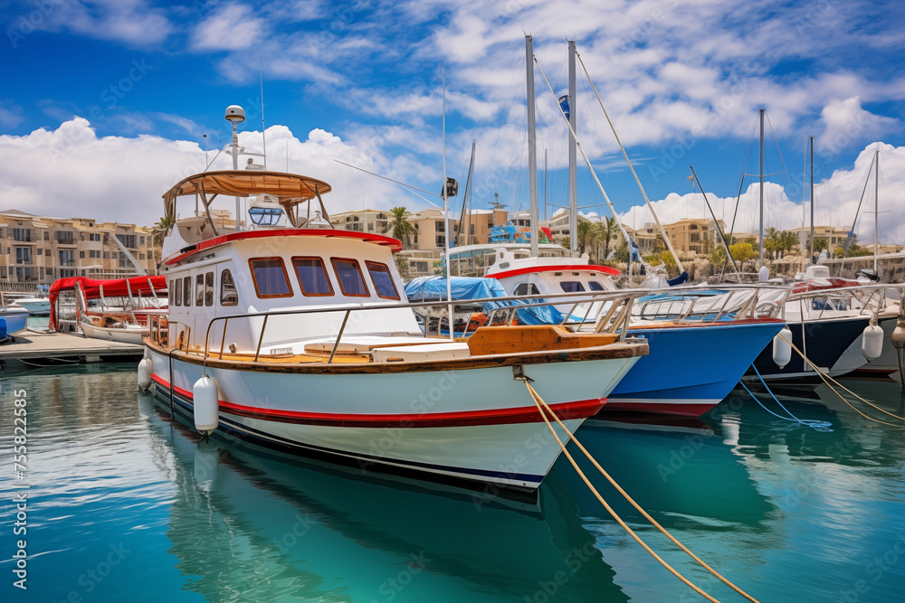 Obraz premium Lots of motorboats, sailboats and yachts docked at bustling marina. Generative AI