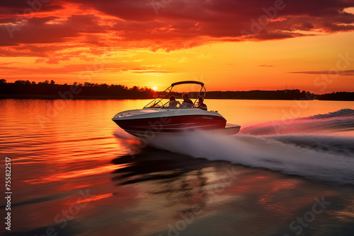 Speed motorboat towing water skier in romantic vibrant sunset. Generative AI