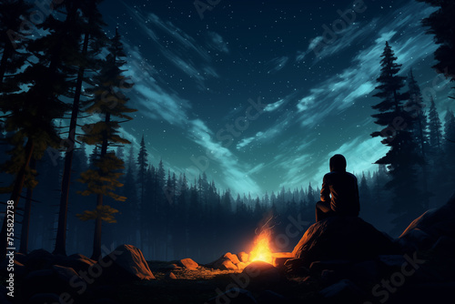 Traveler sitting by crackling campfire under starry night sky. Generative AI