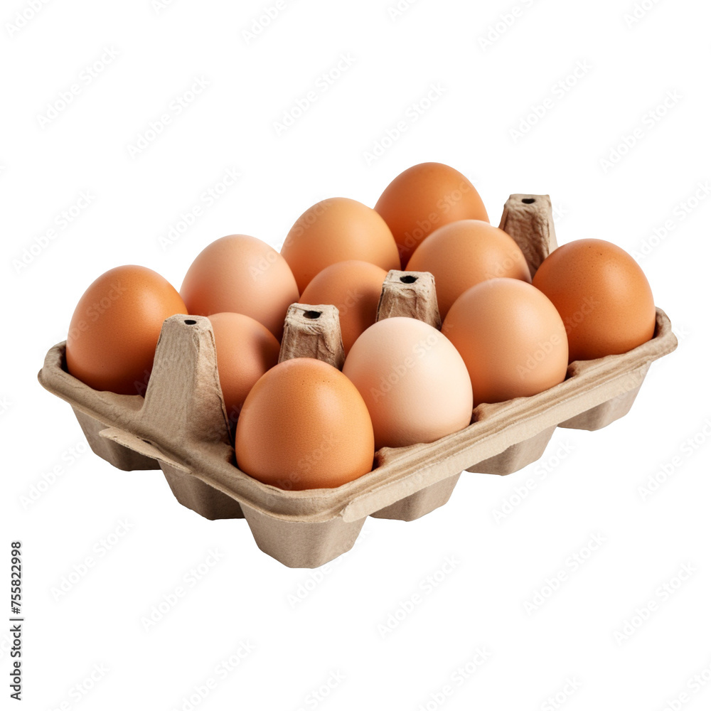 Chicken eggs in paper tray isolated on transparent background, PNG available