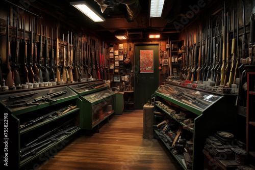 Military army weapon assortment on rack at store warehouse. Generative AI