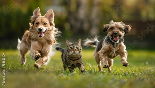 cute dogs and one cat running on the grass smiling happily. The background is a blurred green lawn Generative AI © SKIMP Art