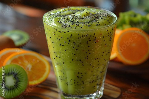 Green Smoothie With Kiwi and Orange Slices