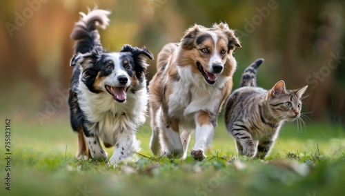  cute dogs and one cat running on the grass all smiling happily Generative AI