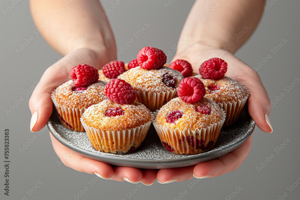 Woman's hands holds plate with raspberry muffins against grey background.