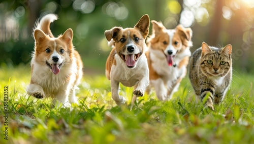 Three cute dogs and one cat running happily on the lawn Generative AI photo