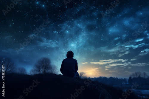 Man stargazing under clear night sky in woods. Generative AI