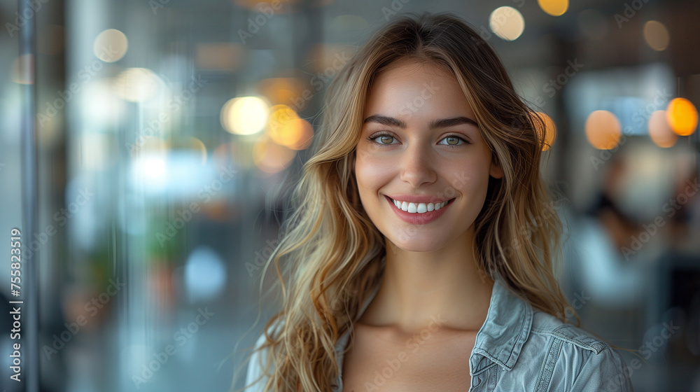 Smiling beautiful elegant businesswoman standing in a modern business office tower. Smiling beautiful elegant businesswoman standing in a modern business office tower.