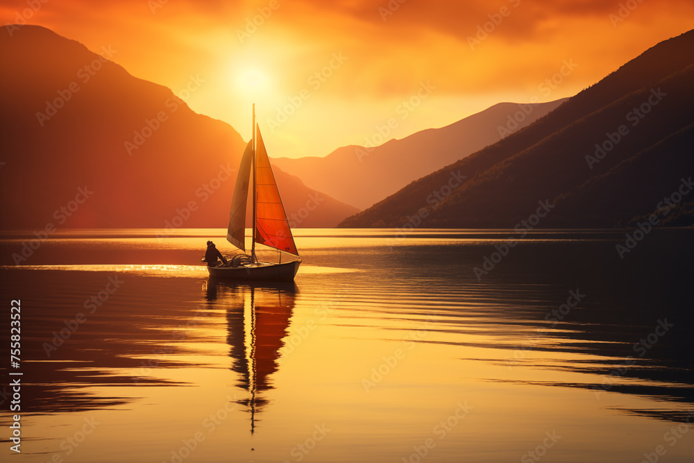 Boat sailing across serene lake at dawn. Generative AI