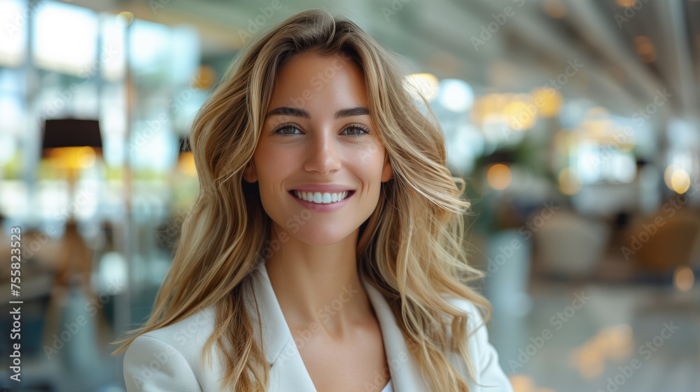 Smiling beautiful elegant businesswoman standing in a modern business office tower.