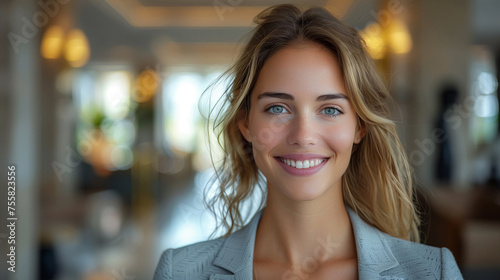 Wallpaper Mural Smiling beautiful elegant businesswoman standing in a modern business office tower. Torontodigital.ca
