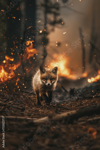 Fox runs through the forest from a forest fire. Wildfire, environmental disaster, global warming, climate change concept.