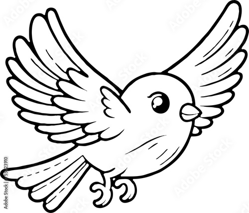 Oiseau en vol, personnage animal a colorier, dessin idéal pour livre et activité de coloriage enfant pendant les vacances. Dessin au trait.