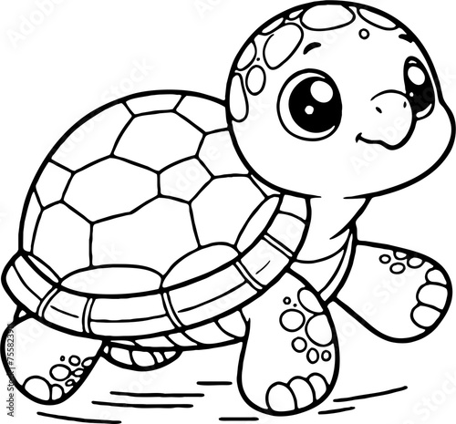 Tortue personnage animal a colorier, dessin idéal pour livre et activité de coloriage enfant pendant les vacances. Dessin au trait.