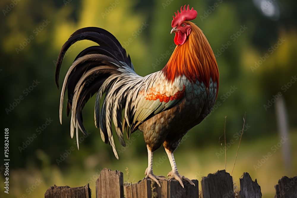 Colorful rooster crowing proudly from atop a weathered fence post. Generative AI - obrazy, fototapety, plakaty 