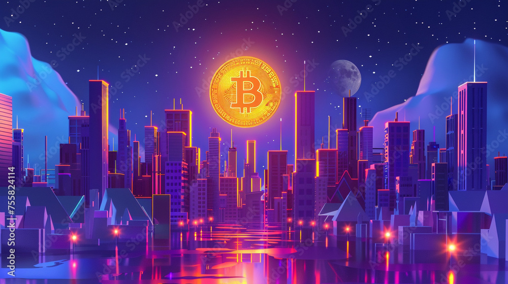 A futuristic cartoon city where the streets are paved with glowing Bitcoin signs overhead, a graph bridges buildings