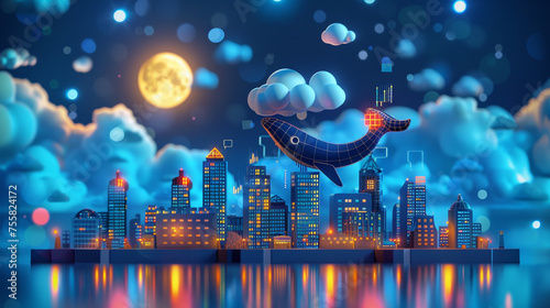 A cartoon whale wearing a businessman suit, surfing on a rising Bitcoin graph wave