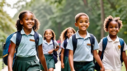 group of children walking side by side carrying backpacks and wearing school uniforms