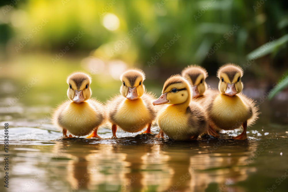 Cute ducklings walking in a line towards a glistening pond. Generative AI - obrazy, fototapety, plakaty 