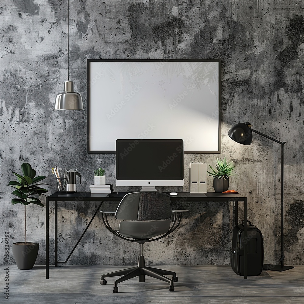 A depiction of a modern home office, with a black 24x36 inch picture frame on a textured wall, complementing a sleek desk setup