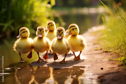 Group of ducklings walking in a line towards a glistening pond. Generative AI