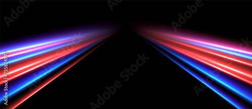 Neon car lights in motion, dynamic slow shutter speed effect. Abstract luminescent lines. Vector illustration.