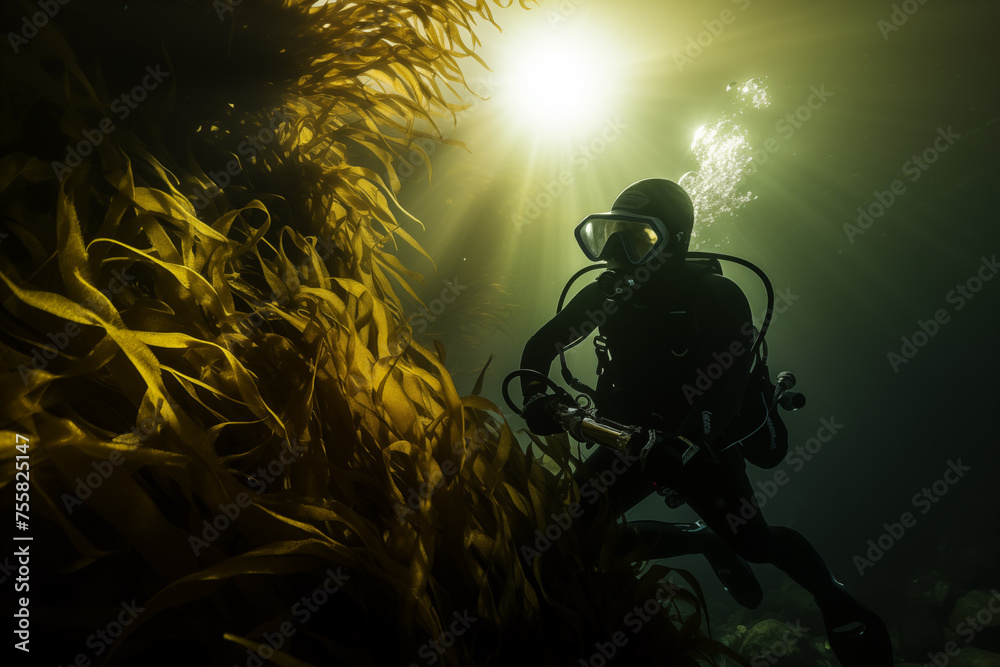 Diver amidst a dense kelp forest, descending with a controlled descent line. Generative AI