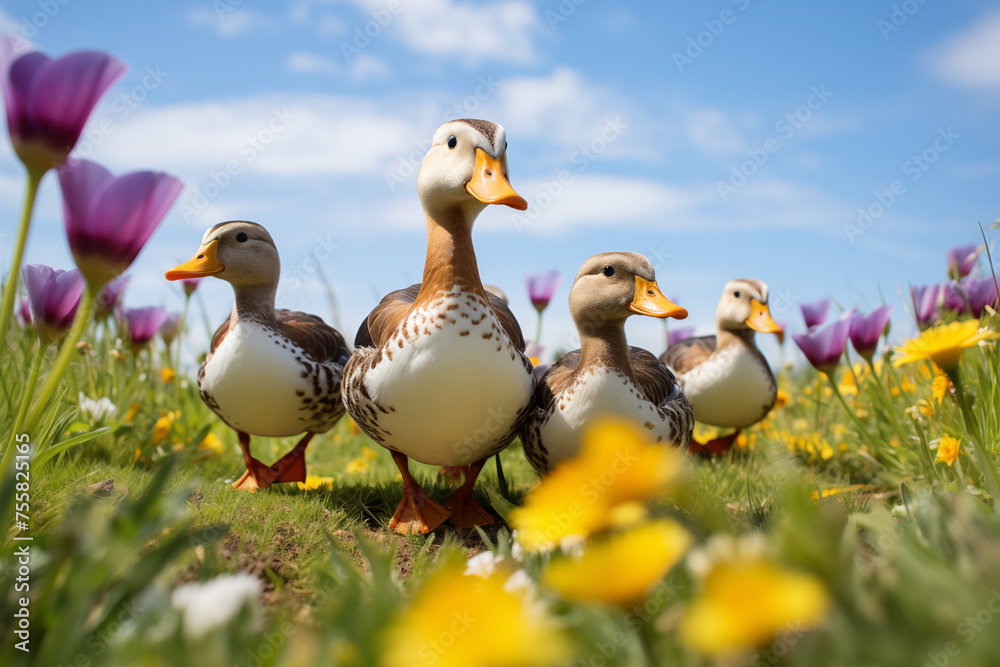 Cute family of ducks waddling through a field of wildflowers. Generative AI