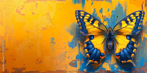 A butterfly sits on the wall with colorful paint brush strokes. Abstract modern art.