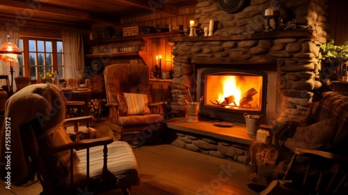 Cozy cabin pension with a crackling fireplace and warm