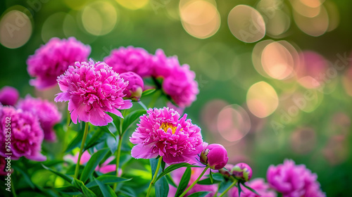 Beautiful pink peonies in sunset lighting with bokeh. Floral background.