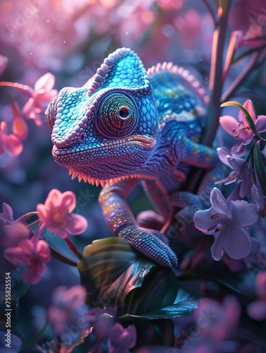 A chameleon changing colors as it explores a garden of neon flowers © Premyuda