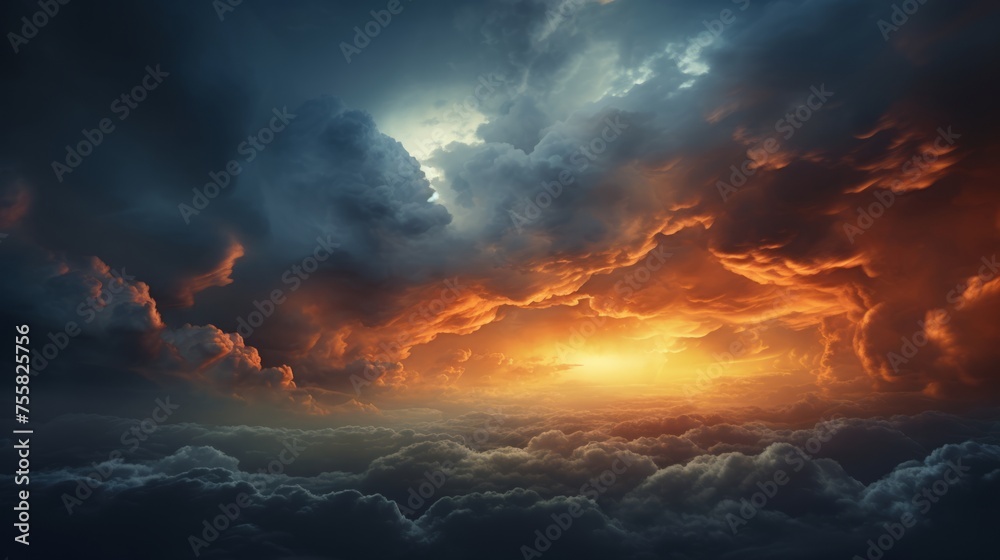 Fototapeta premium dramatic huge clouds of thunderstorm on sky with sunset