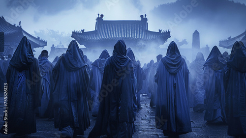 Processions of people dressed in robes of deep indigo, honoring their ancestors with solemn reverence.