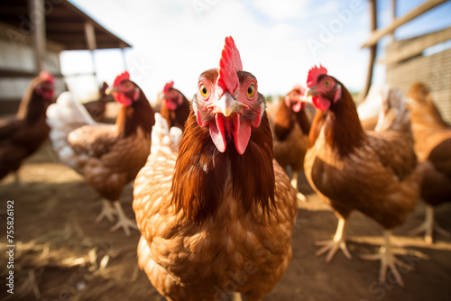 Chickens on traditional free range poultry farm. Generative AI