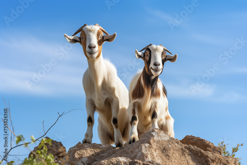 Pair of friendly goats standing atop a rocky outcrop. Generative AI