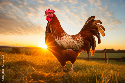 Rooster crowing proudly at sunrise. Generative AI