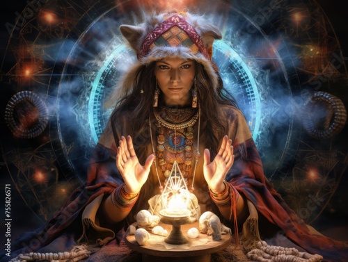 A mystical shaman channels cosmic energy, surrounded by ethereal orbs and ancient symbols. 