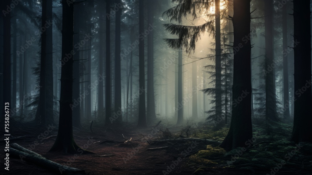 Obraz premium Moody forest with ethereal mist at twilight