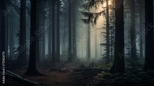 Moody forest with ethereal mist at twilight