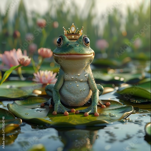 Frog prince wearing a tiny crown hopping from lily pad to lily pad © Premyuda