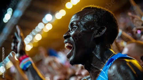 Jubilant athlete celebrating victory at a night event, colorful wristbands visible, with blurred stadium lights in the background. Emotional sports victory and achievement concept