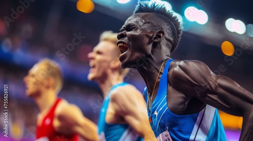 Male runner expressing triumph at an athletic competition, vibrant background lights enhancing the victory atmosphere. Success and achievement in sports concept