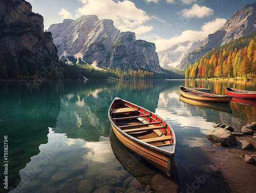 Brown wooden boat on lake near mountain during daytime