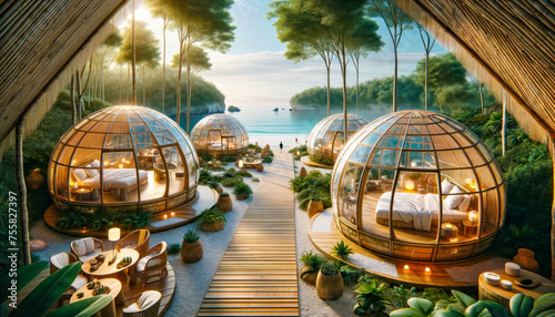 Tropical Beachfront Geodesic Dome Resort.Eco-friendly igloo hotel crafted from sustainable materials like bamboo and recycled glass