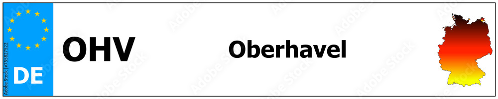 Oberhavel car licence plate sticker name and map of Germany. Vehicle registration plates frames German number